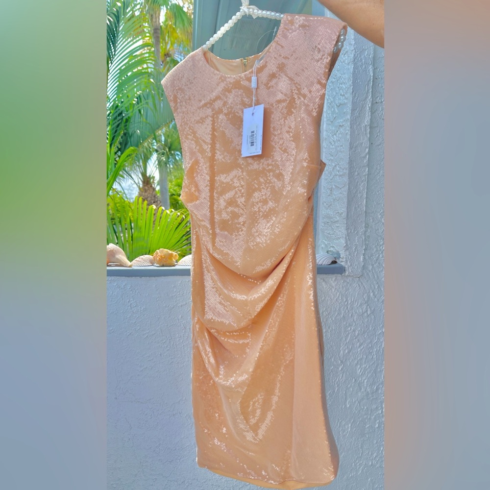Elegant SUBOO NWT $245 RP Sequin Mini Dress Nude Draped & Runched sides